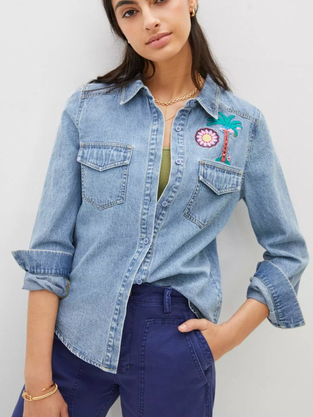 Mare x Anthropologie Embroidered Denim Shirt Size Large NWT